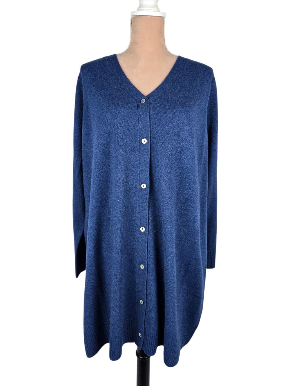 Precious Fibers Cardigan Sweater Cashmere V Neck Button Front Longline Blue 1X